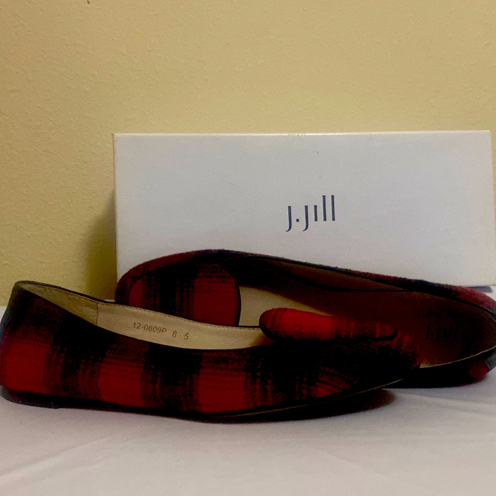 J.Jill red black plaid wool pointed toe leather sole flats loafers women’s 8.5